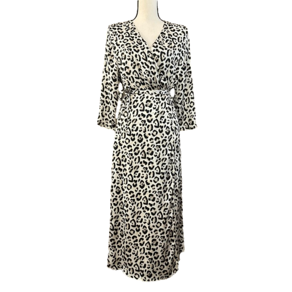 Zara Ivory/Black Silky Leopard Print Wrap Long Sleeve Midi Dress Size S